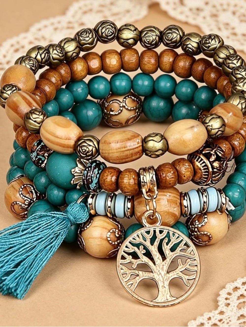 Bohemian Turquoise and Tan Tree of Life Layered Bracelet Set